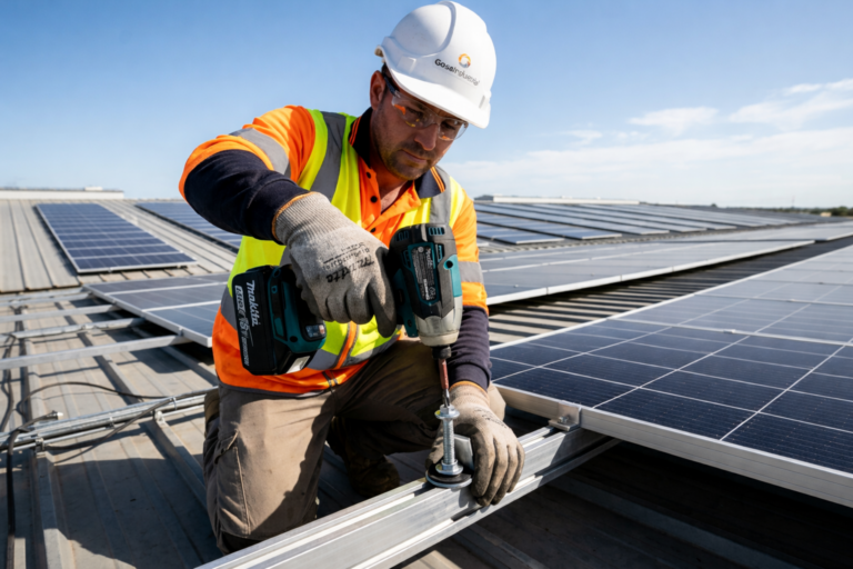 técnico instalando panel solar en tejado